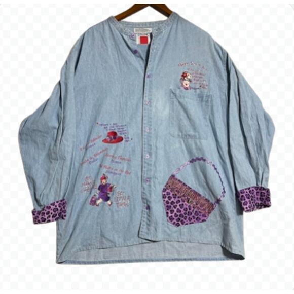 Color Works Red Hat Society Denim‎ Blouse Purple Leopard Print - Size XL - Picture 1 of 11